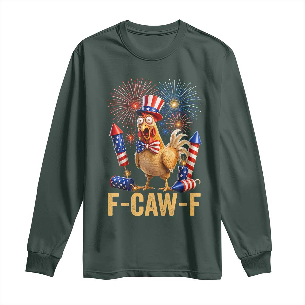 F Caw F 4th of July Long Sleeve Shirt Funny Rooster Meme American Flag Fireworks