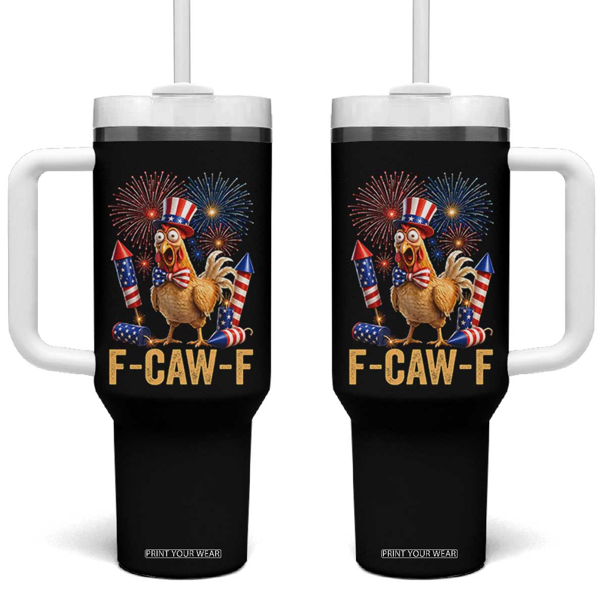 F Caw F 4th of July Tumbler With Handle Funny Rooster Meme American Flag Fireworks