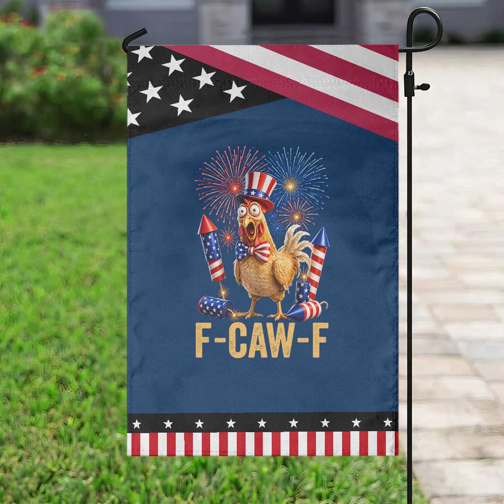 F Caw F 4th of July Patriotic Garden Flag Funny Rooster Meme American Flag Fireworks