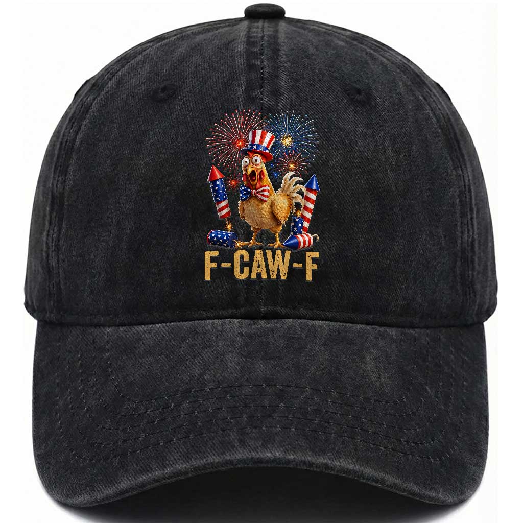 F Caw F 4th of July Washed Cotton Baseball Cap Funny Rooster Meme American Flag Fireworks TS11 Print Your Wear