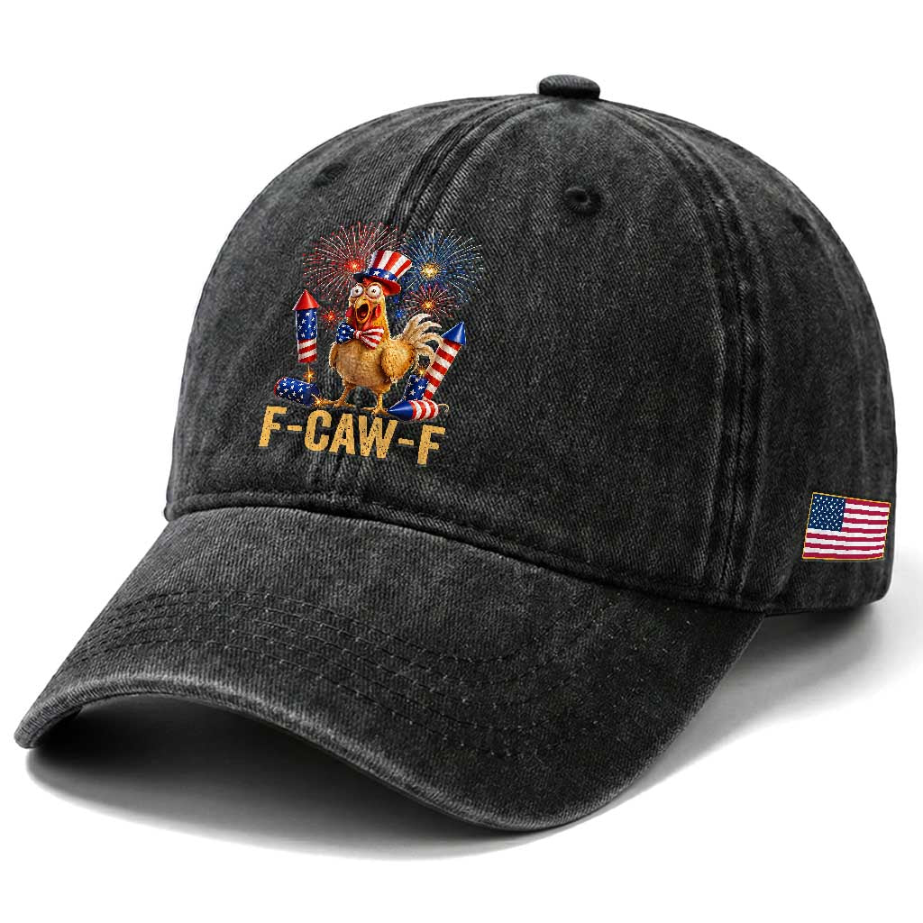 F Caw F 4th of July Washed Cotton Baseball Cap Funny Rooster Meme American Flag Fireworks