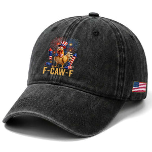 F Caw F 4th of July Washed Cotton Baseball Cap Funny Rooster Meme American Flag Fireworks
