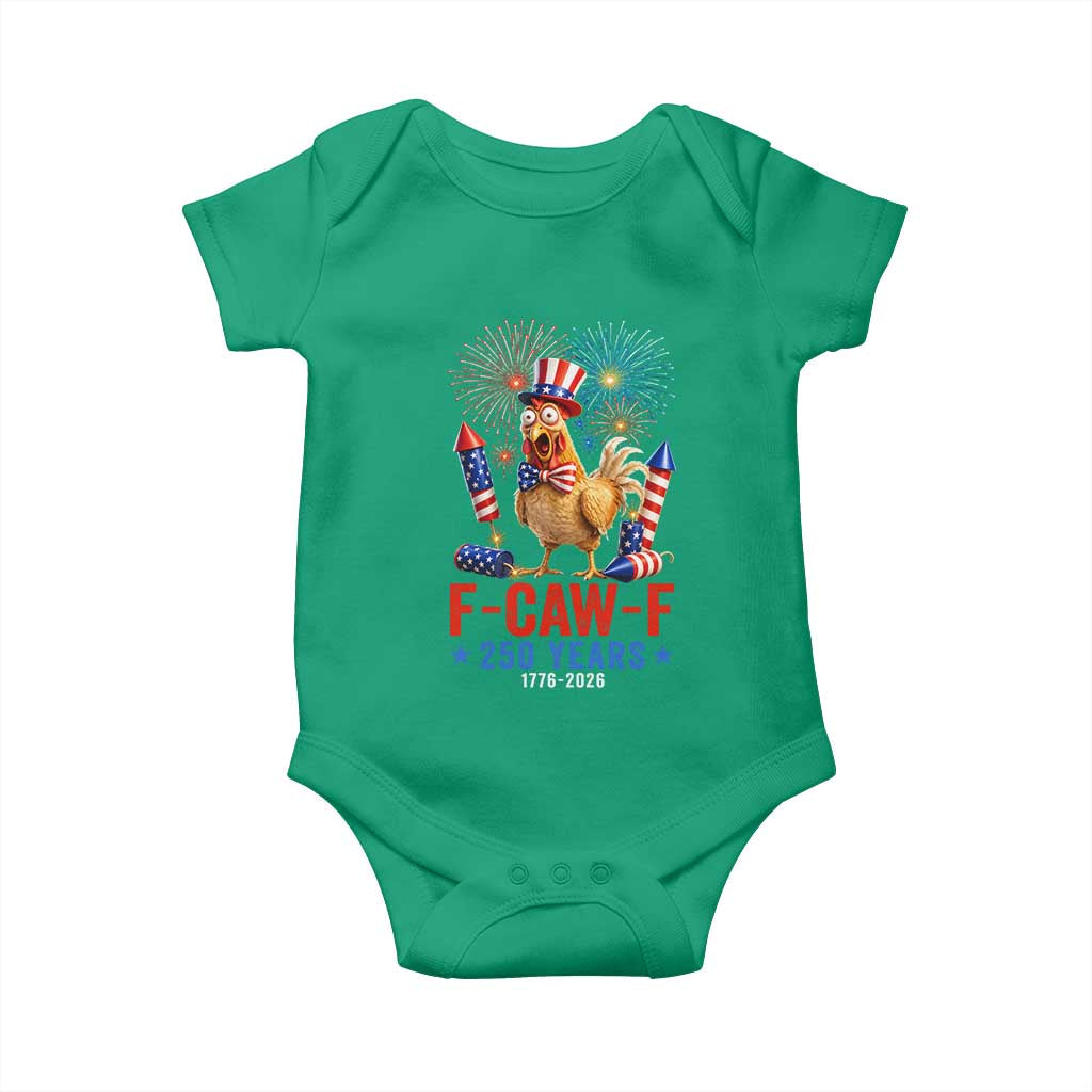 F Caw F 250 Years 1776 2026 Baby Onesie Funny Patriotic Rooster Meme Fireworks