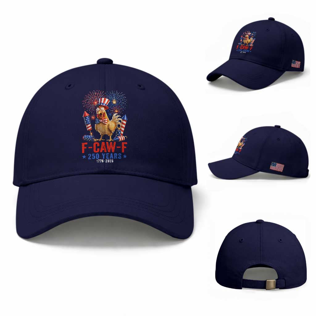 F Caw F 250 Years 1776 2026 Baseball Cap Funny Patriotic Rooster Meme Fireworks
