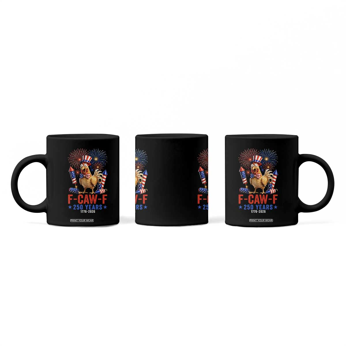 F Caw F 250 Years 1776 2026 Coffee Mug Funny Patriotic Rooster Meme Fireworks