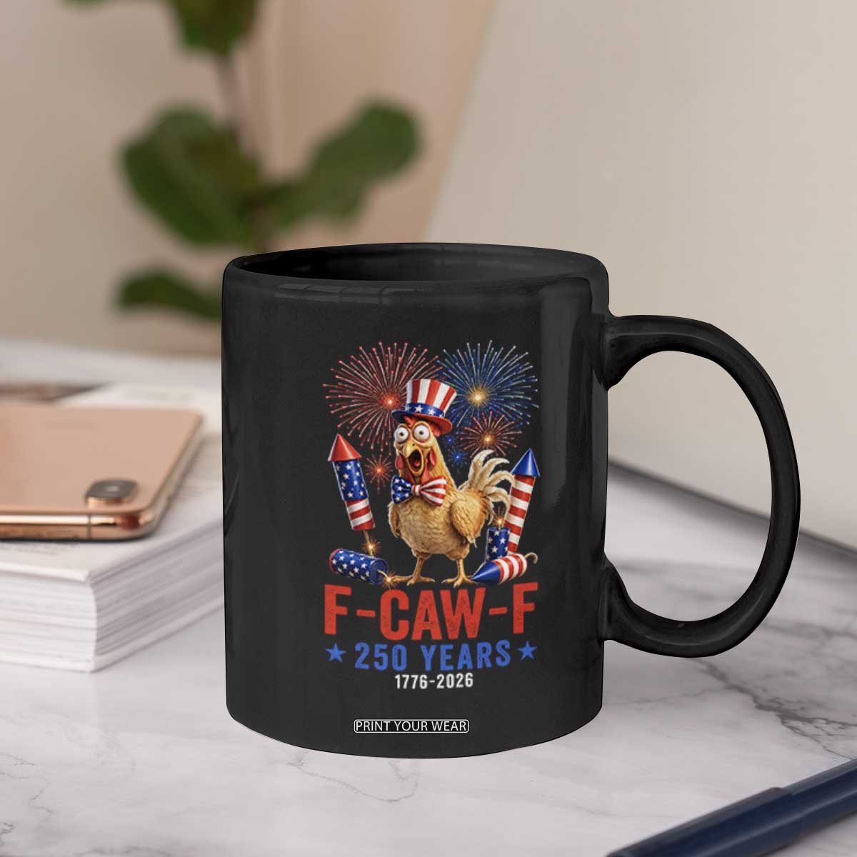 F Caw F 250 Years 1776 2026 Coffee Mug Funny Patriotic Rooster Meme Fireworks