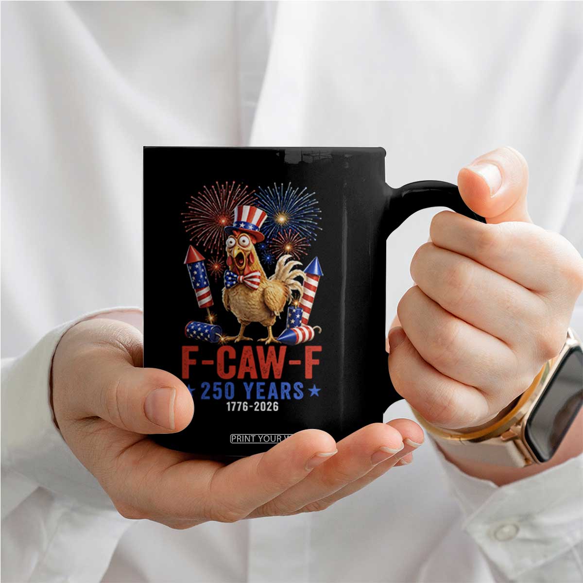 F Caw F 250 Years 1776 2026 Coffee Mug Funny Patriotic Rooster Meme Fireworks