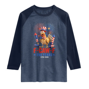 F Caw F 250 Years 1776 2026 Raglan Shirt Funny Patriotic Rooster Meme Fireworks