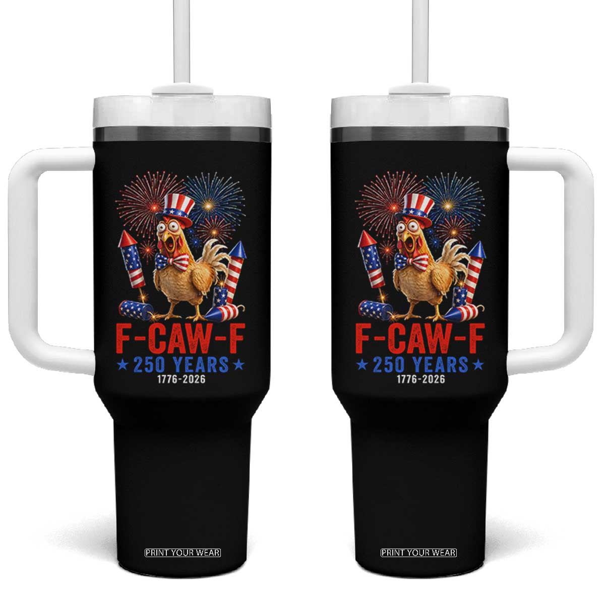 F Caw F 250 Years 1776 2026 Tumbler With Handle Funny Patriotic Rooster Meme Fireworks