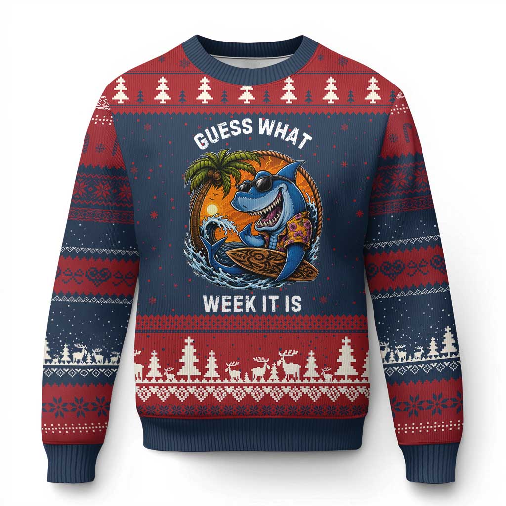 Funny Shark Guess What Week It Is Ugly Christmas Sweater Shark Awareness Summer Vacation TS11 Navy Red Print Your Wear