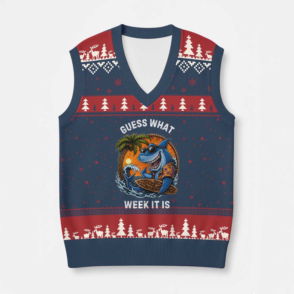 Funny Shark Guess What Week It Is V-Neck Knit Sweater Vest Shark Awareness Summer Vacation TS11 Navy Red Print Your Wear