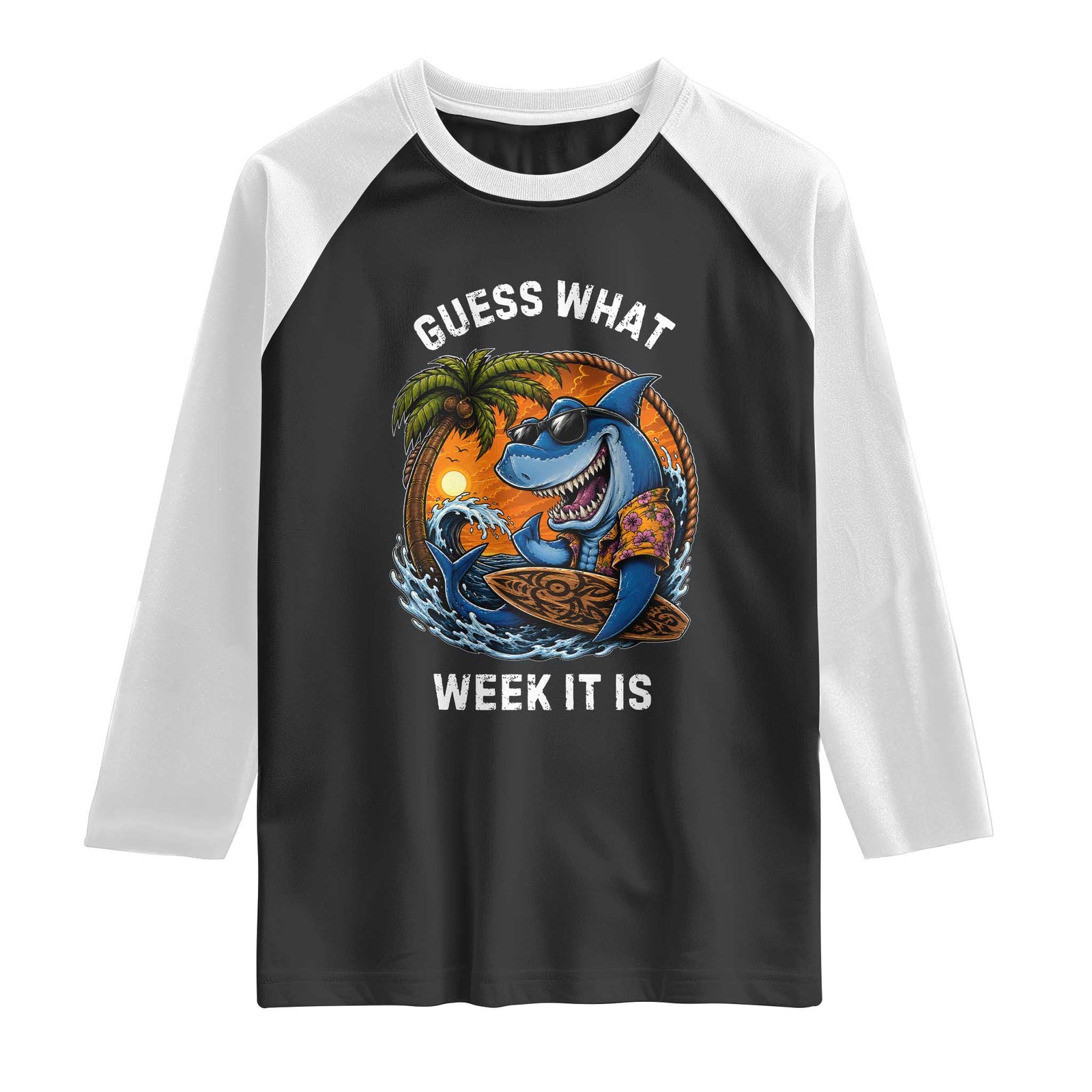 Funny Shark Guess What Week It Is Raglan Shirt Shark Awareness Summer Vacation TS11 Black White Print Your Wear