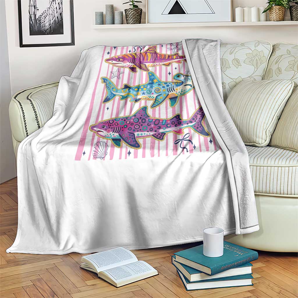 Shark Summer Striped Coastal Ocean Life Glitter Print Throw Blanket
