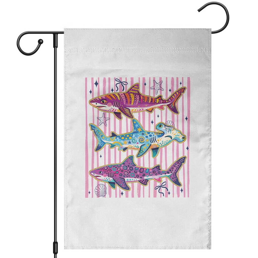 Shark Summer Striped Coastal Ocean Life Glitter Print Garden Flag