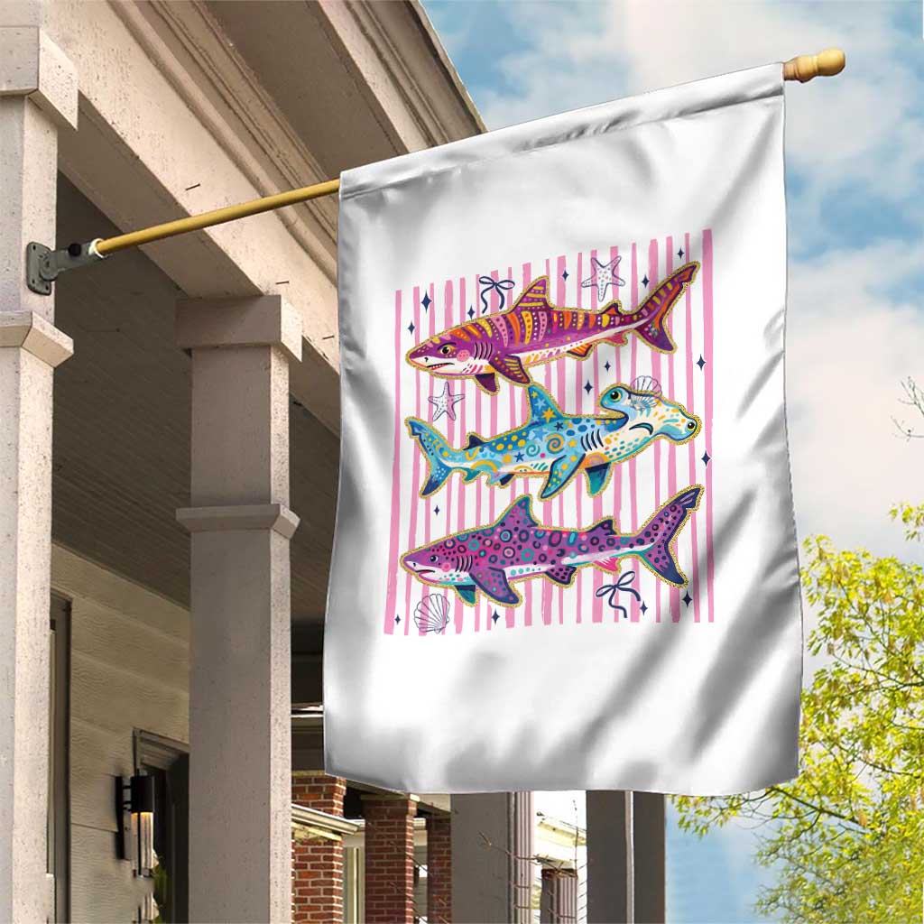 Shark Summer Striped Coastal Ocean Life Glitter Print Garden Flag