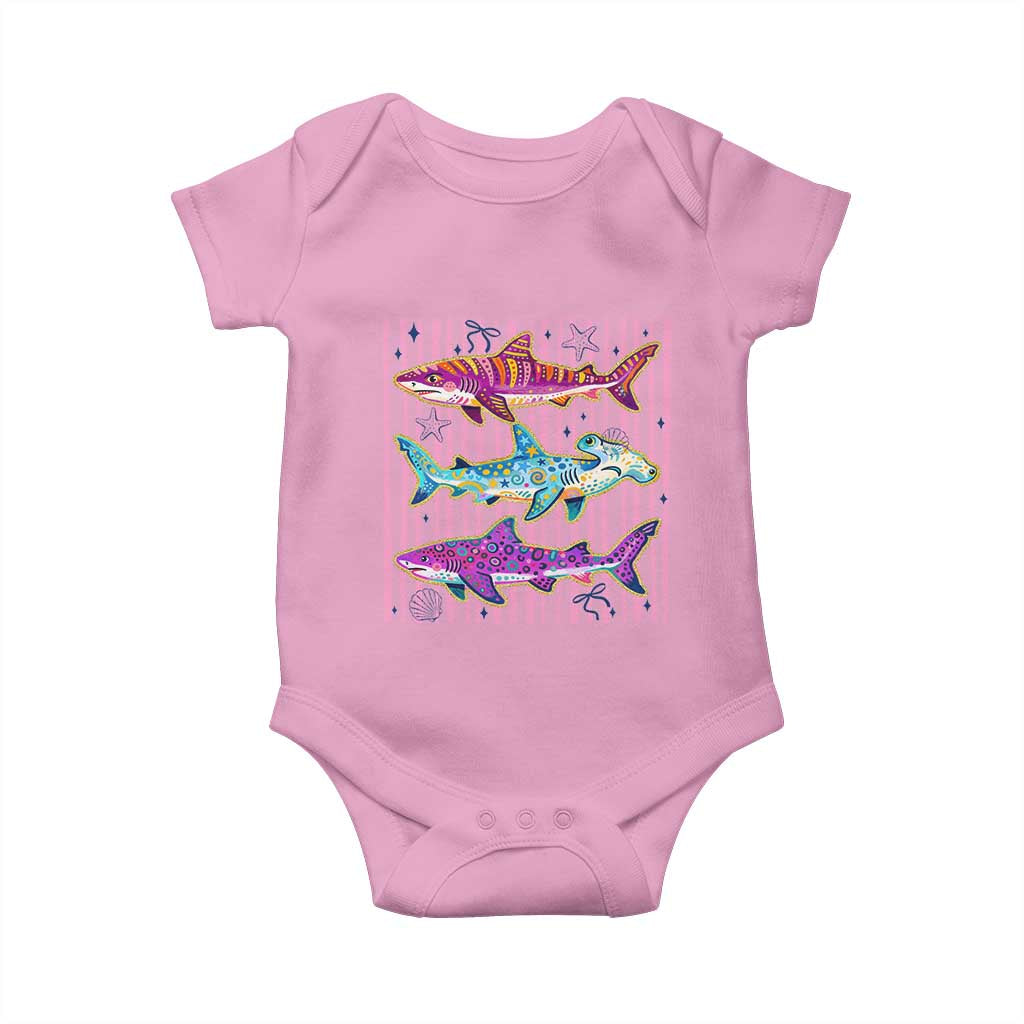 Shark Summer Striped Coastal Ocean Life Glitter Print Baby Onesie