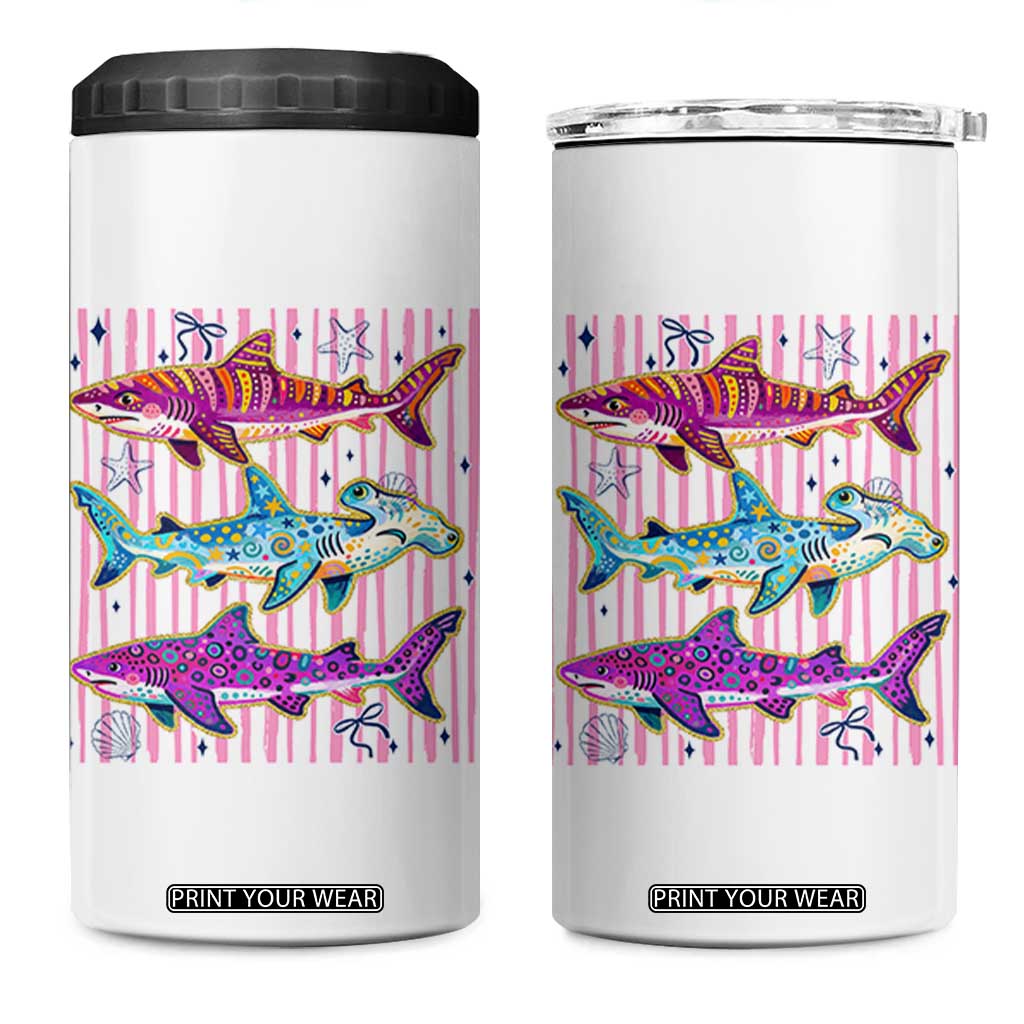 Shark Summer Striped Coastal Ocean Life Glitter Print 4 in 1 Can Cooler Tumbler