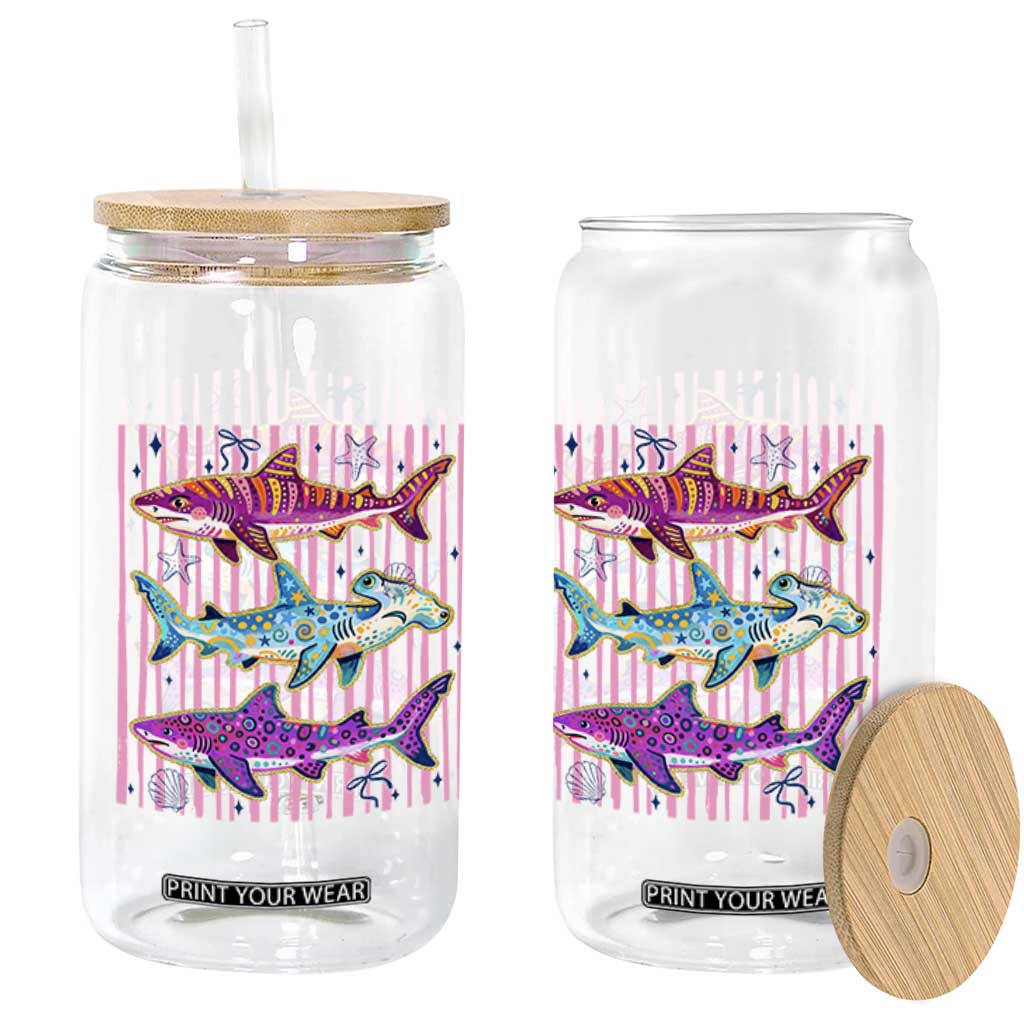 Shark Summer Striped Coastal Ocean Life Glitter Print Glass Can