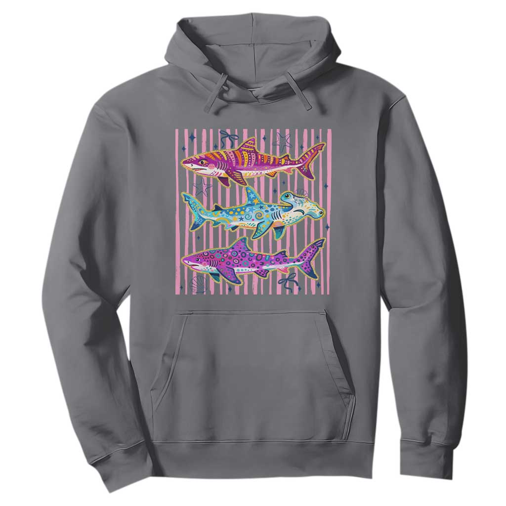 Shark Summer Striped Coastal Ocean Life Glitter Print Hoodie