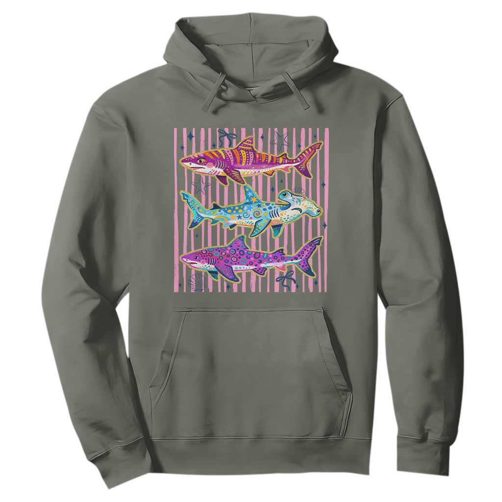 Shark Summer Striped Coastal Ocean Life Glitter Print Hoodie
