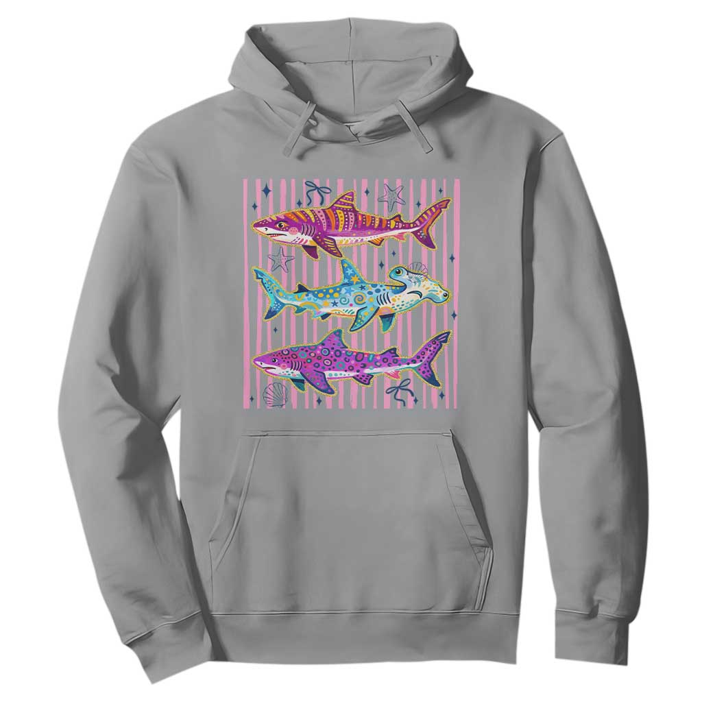 Shark Summer Striped Coastal Ocean Life Glitter Print Hoodie