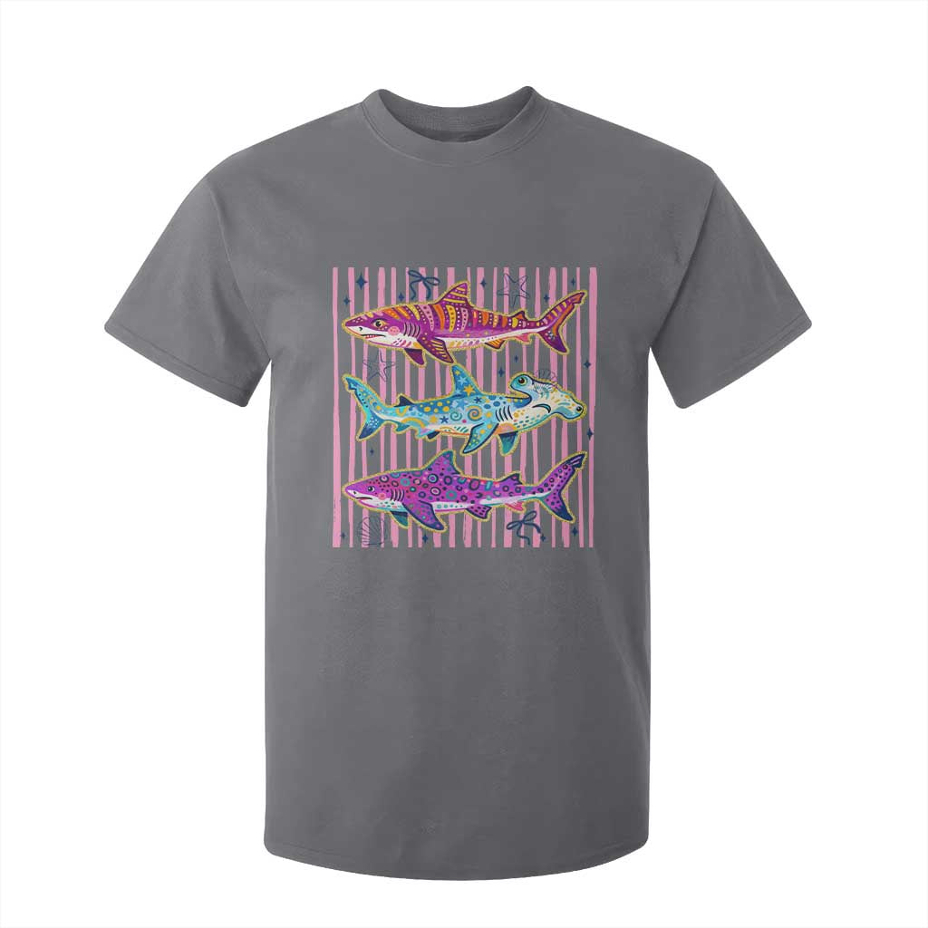 Shark Summer Striped Coastal Ocean Life Glitter Print T Shirt For Kid
