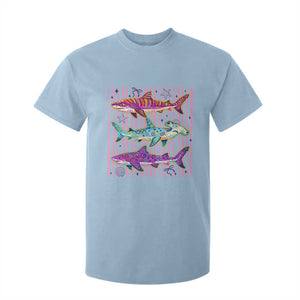 Shark Summer Striped Coastal Ocean Life Glitter Print T Shirt For Kid