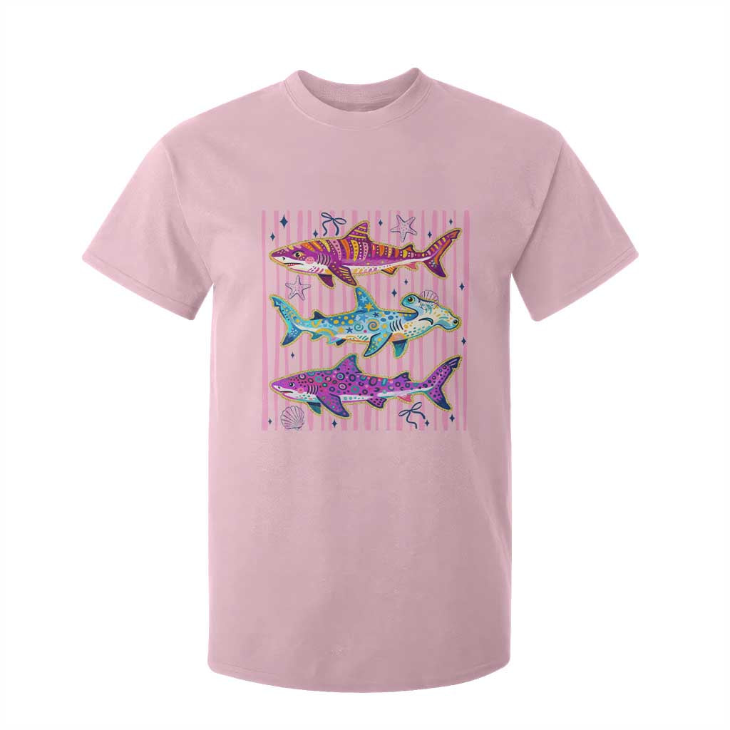 Shark Summer Striped Coastal Ocean Life Glitter Print T Shirt For Kid