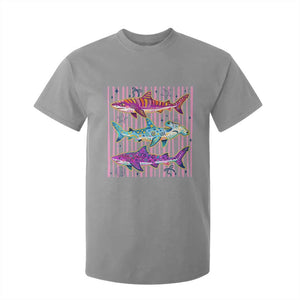 Shark Summer Striped Coastal Ocean Life Glitter Print T Shirt For Kid