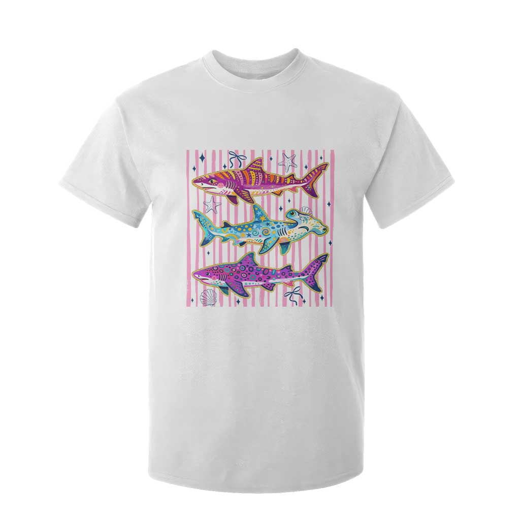 Shark Summer Striped Coastal Ocean Life Glitter Print T Shirt For Kid TS11 White Print Your Wear