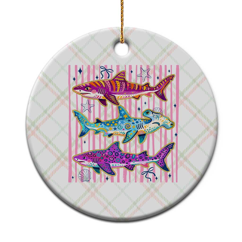 Shark Summer Striped Coastal Ocean Life Glitter Print Ceramic Ornament