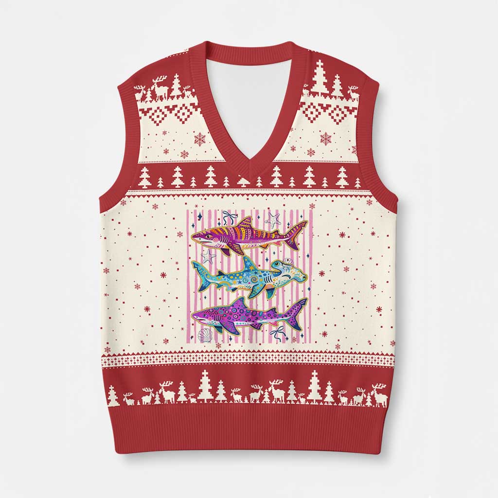 Shark Summer Striped Coastal Ocean Life Glitter Print V-Neck Knit Sweater Vest TS11 Beige Red Print Your Wear