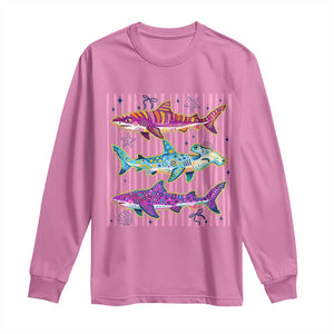 Shark Summer Striped Coastal Ocean Life Glitter Print Long Sleeve Shirt