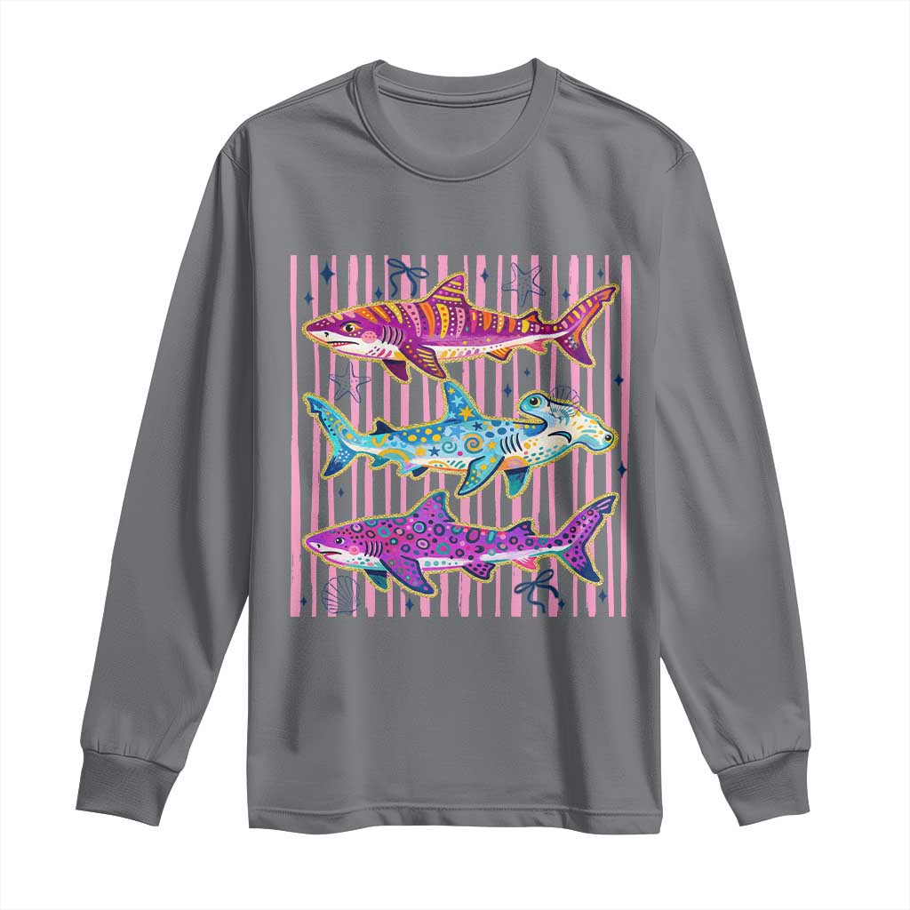 Shark Summer Striped Coastal Ocean Life Glitter Print Long Sleeve Shirt
