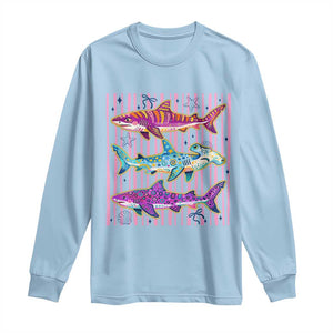 Shark Summer Striped Coastal Ocean Life Glitter Print Long Sleeve Shirt