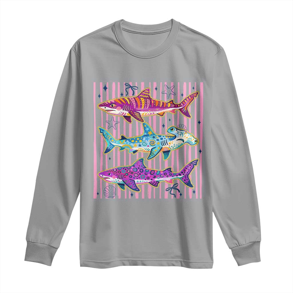 Shark Summer Striped Coastal Ocean Life Glitter Print Long Sleeve Shirt