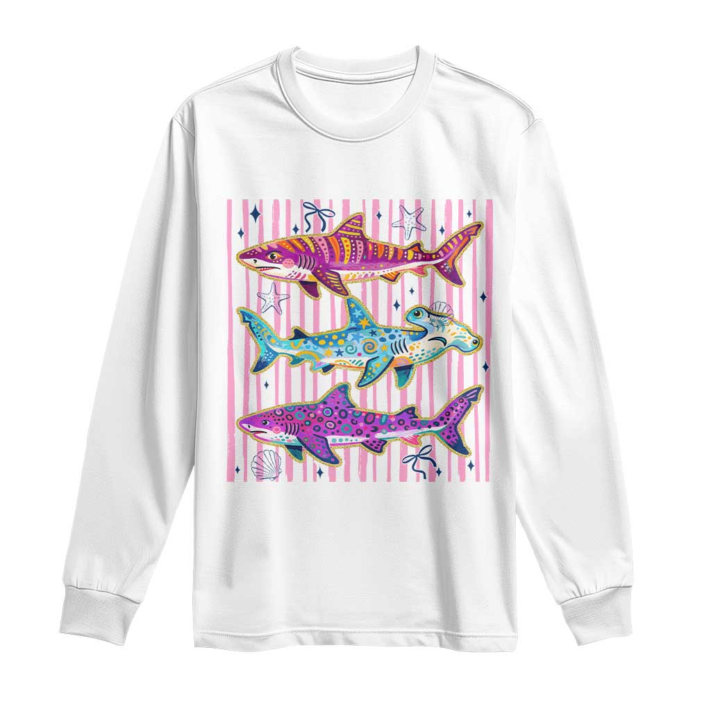 Shark Summer Striped Coastal Ocean Life Glitter Print Long Sleeve Shirt TS11 White Print Your Wear
