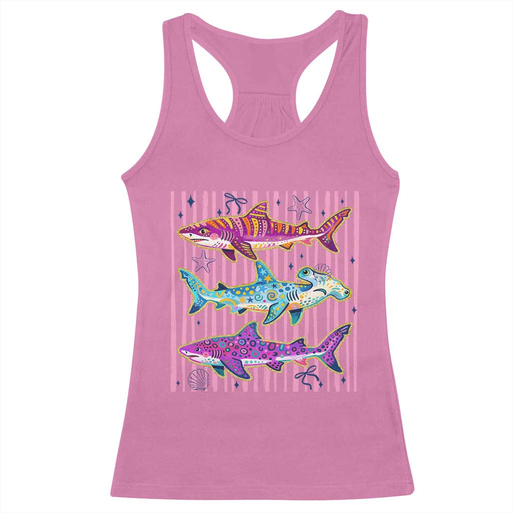 Shark Summer Striped Coastal Ocean Life Glitter Print Racerback Tank Top