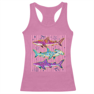 Shark Summer Striped Coastal Ocean Life Glitter Print Racerback Tank Top