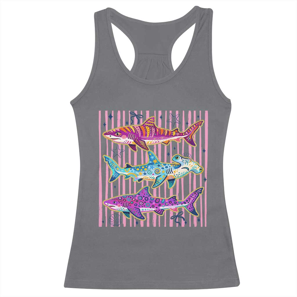 Shark Summer Striped Coastal Ocean Life Glitter Print Racerback Tank Top