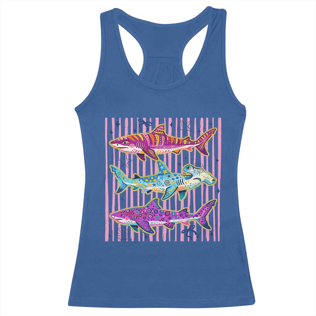Shark Summer Striped Coastal Ocean Life Glitter Print Racerback Tank Top