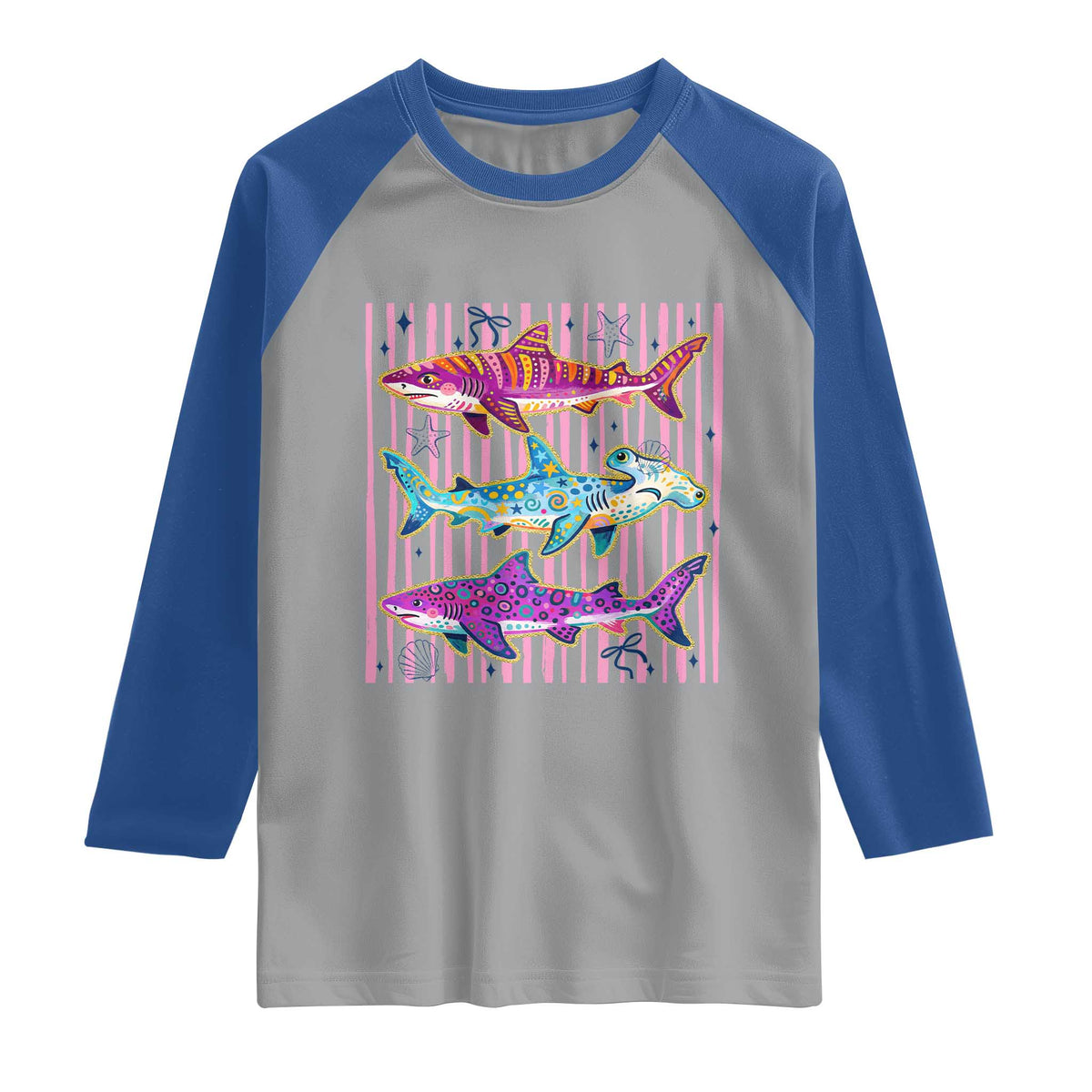 Shark Summer Striped Coastal Ocean Life Glitter Print Raglan Shirt