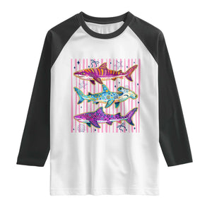 Shark Summer Striped Coastal Ocean Life Glitter Print Raglan Shirt
