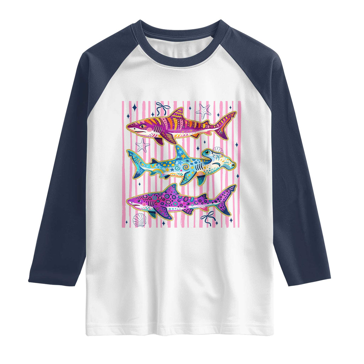 Shark Summer Striped Coastal Ocean Life Glitter Print Raglan Shirt