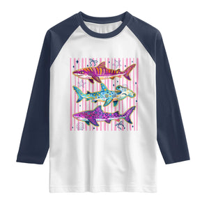 Shark Summer Striped Coastal Ocean Life Glitter Print Raglan Shirt