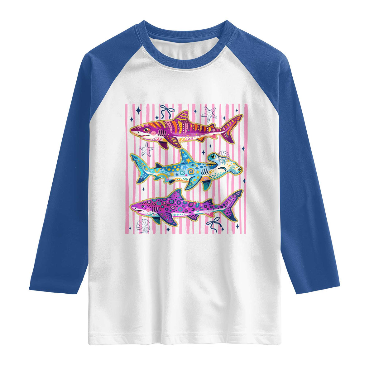 Shark Summer Striped Coastal Ocean Life Glitter Print Raglan Shirt