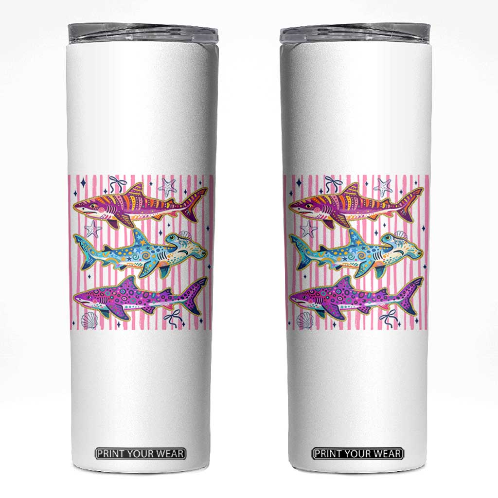 Shark Summer Striped Coastal Ocean Life Glitter Print Skinny Tumbler
