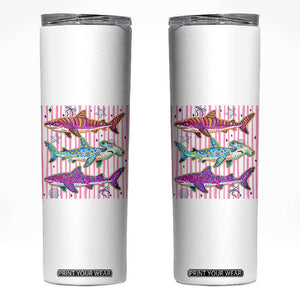 Shark Summer Striped Coastal Ocean Life Glitter Print Skinny Tumbler