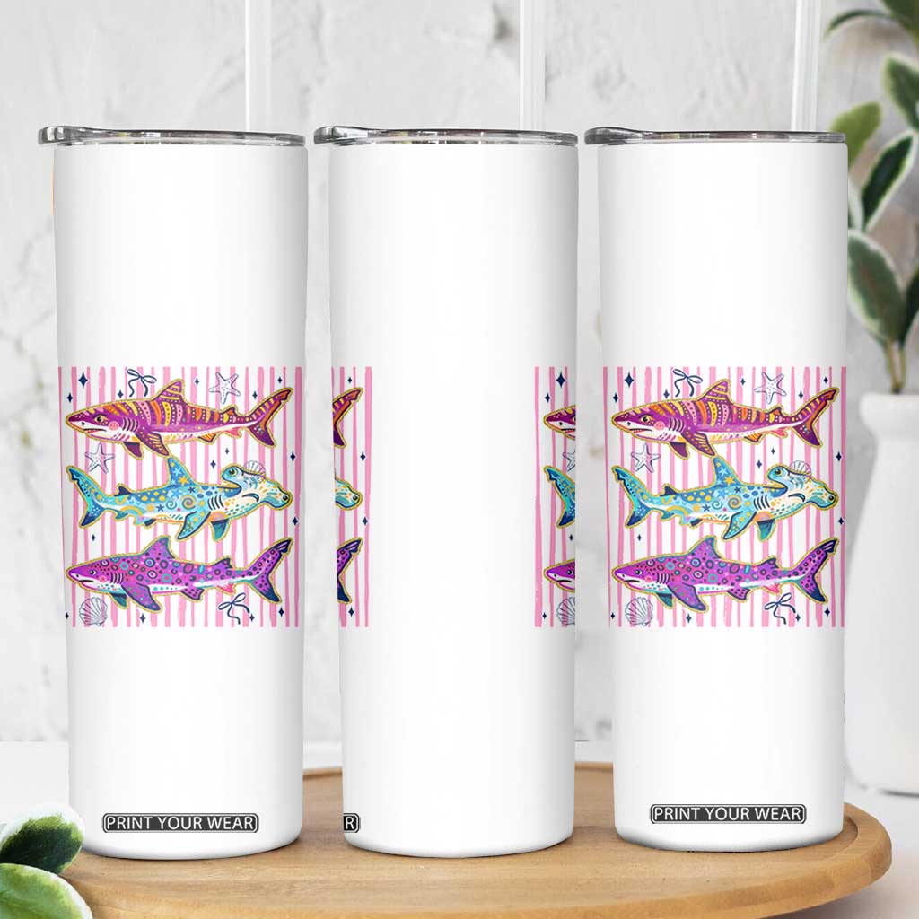 Shark Summer Striped Coastal Ocean Life Glitter Print Skinny Tumbler