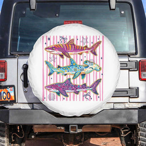 Shark Summer Striped Coastal Ocean Life Glitter Print Spare Tire Cover